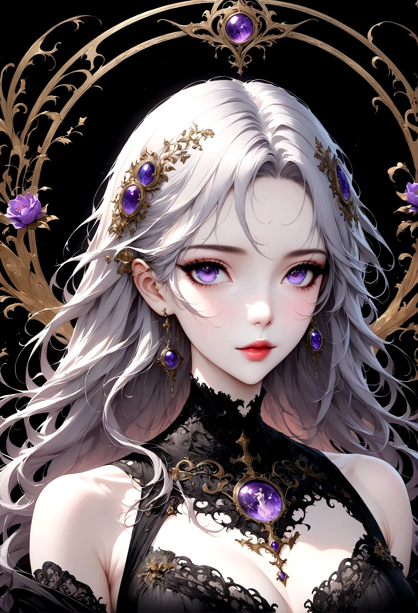 （（Beautiful 18-year-old princess）），（She has long flowing purple-gray hair），（Bright beautiful eyes），Trending on Artstation，Flower of Hope，Ultra Detailed，Crazy details, Astonishing, complicated, Elite, Art Nouveau, Gorgeous, Dreamy，Liquid wax, luxury, Ink style, sticker, Vector art exquisite character design, Double exposure shooting, Luminous design, Award-winning works, masterpiece, AMOLED black background,Optics