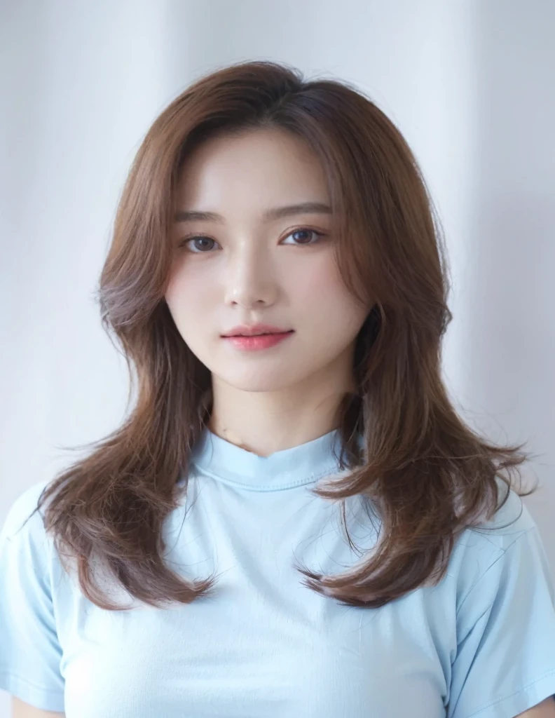 Best Quality, 8k, Masterpiece, (Portrait: 1.3), (photo realistic:1.4), (hyper realistic:1.4), Sharp Focus, looking at viewer, (smoother lighting:1.1), (increase cinematic lighting quality:0.9), realistic lighting, backlighting, light on face, ray trace, (brightening light:1.2), (Increase quality:1.4), sharp detail, (best quality real texture skin:1.4), finely detailed eyes, black_eyes, finely detailed face, 25 year old Korean woman, (blue T_shirt :1.7), (Create an image maintaining the original base model hairstyle:1.5)