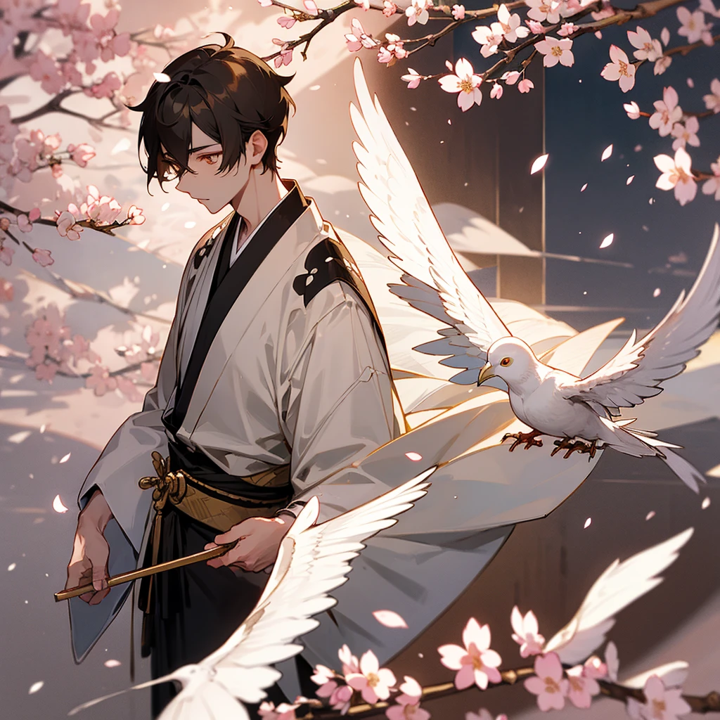 Naginata, short brown hair, young man, golden eyes, narrow eyes, white dove, cherry blossom petals, black and white kimono