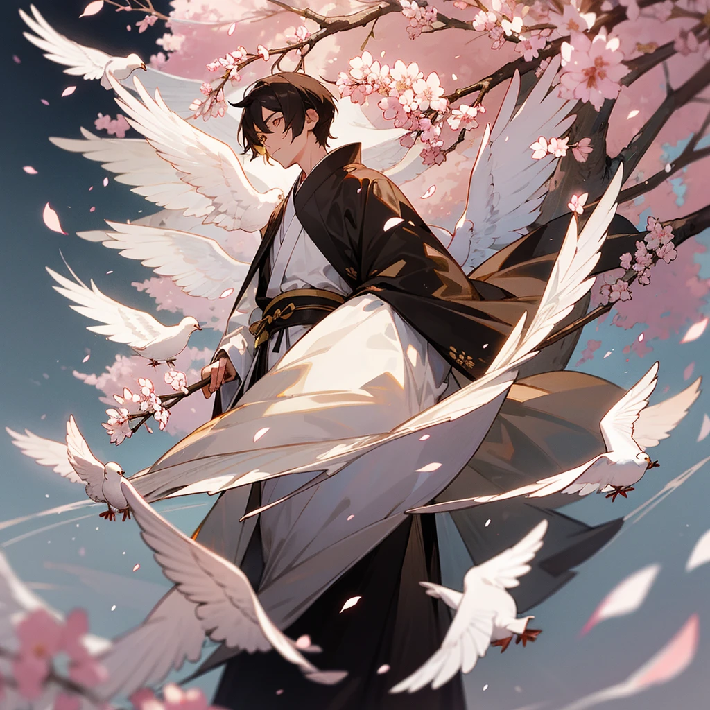 Naginata, short brown hair, young man, golden eyes, narrow eyes, white dove, cherry blossom petals, black and white kimono
