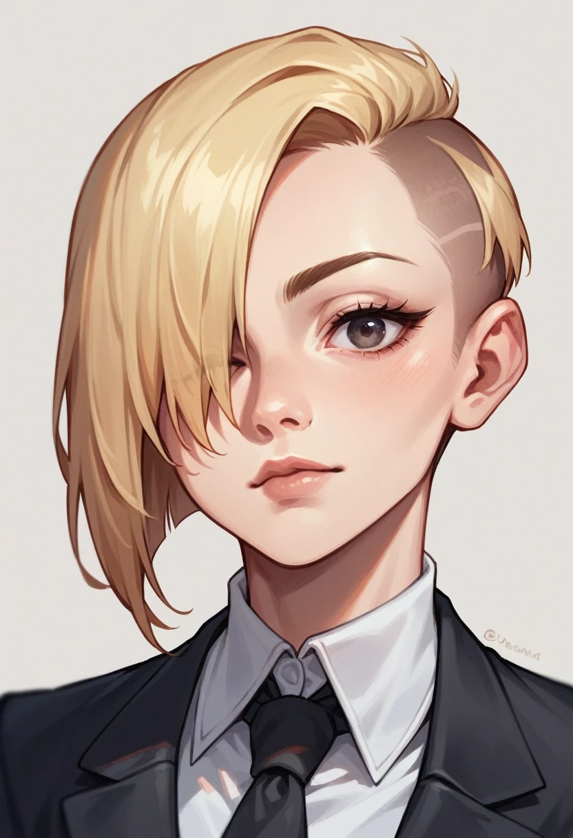 European girl portrait,alone,20-year-old,Beautiful Face,Upper Body,Hair on one eye,Medium Sidecut, Blonde, Sharp focus,Black business suit