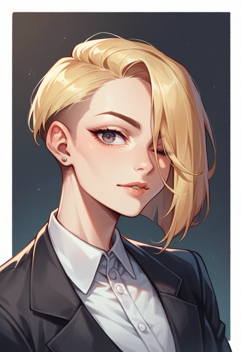 European girl portrait,alone,20-year-old,Beautiful Face,Upper Body,Hair on one eye,Medium Sidecut, Blonde, Sharp focus,Black business suit