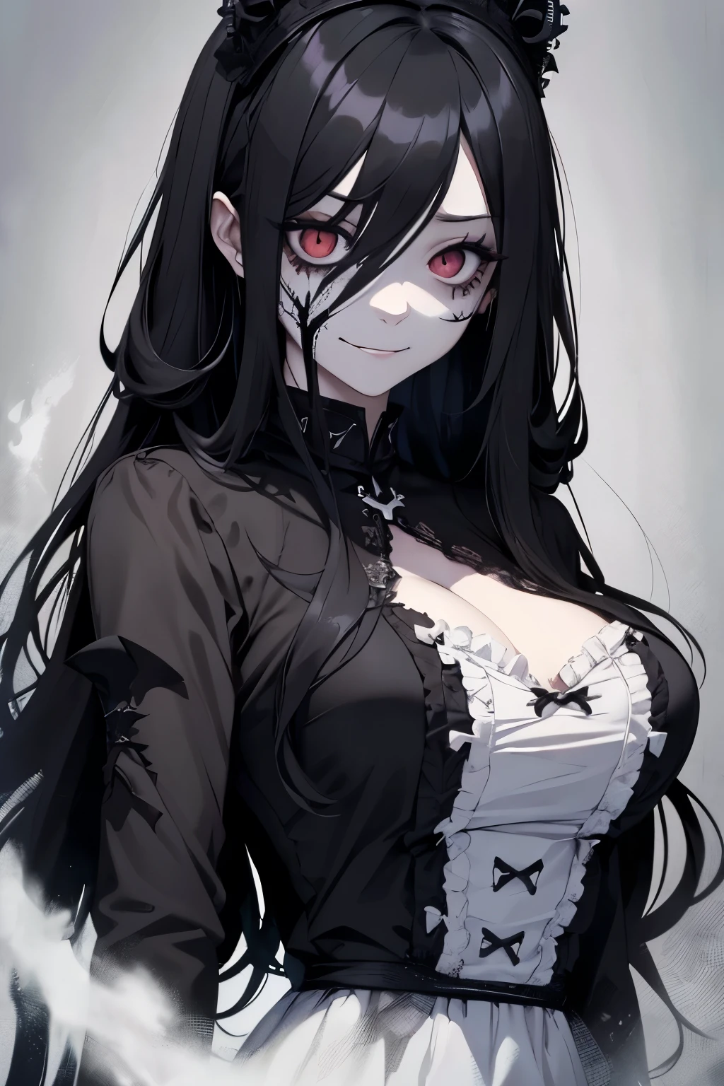 horror, undead Female. black long hair, stitches over her body and face smiling creepily, hollow features, dead like. sunken eyes. wearing a maid uniform, dark bags under eyes, sunken features, dead like, zombie like. stitches Criss crossing over chest and face or staples