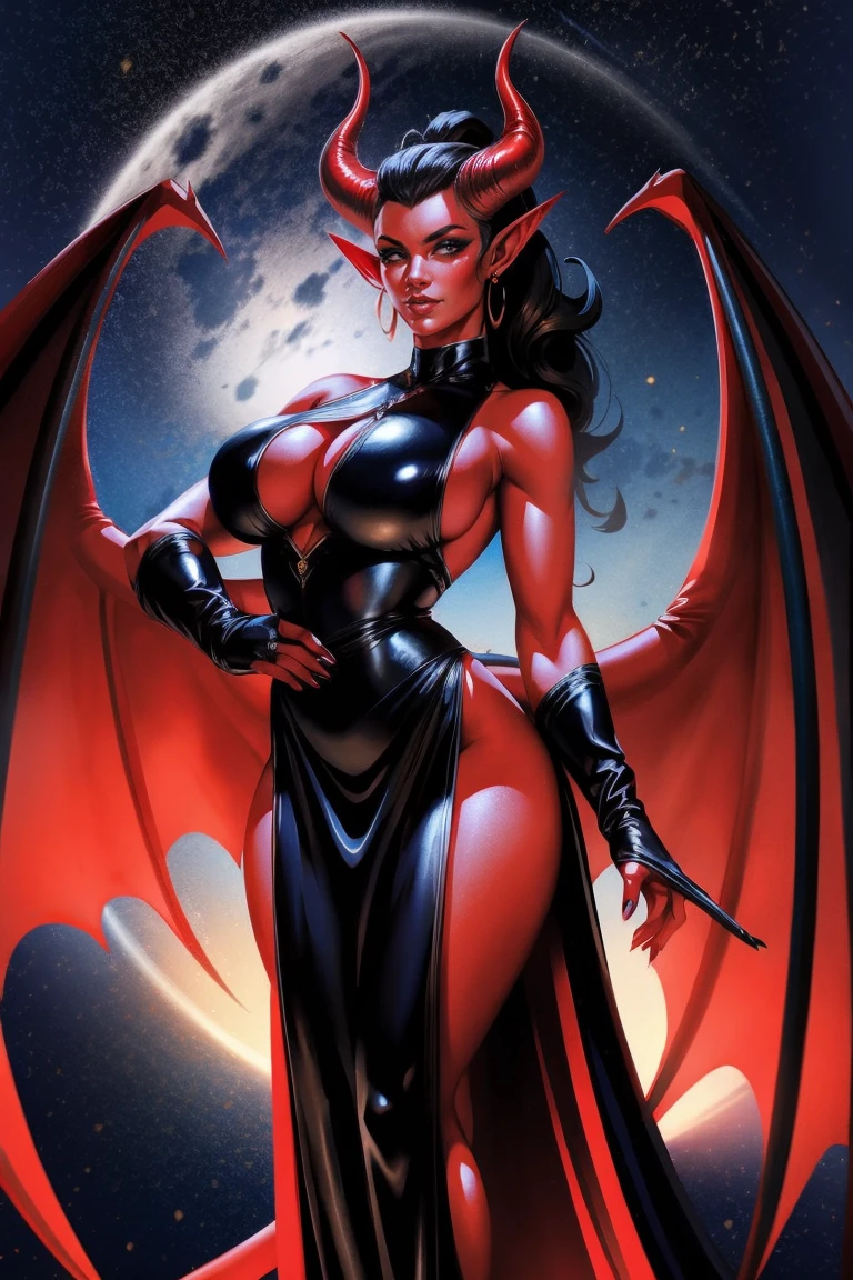 Red skin succubus tiefling, medium breasts, black horns, wings, huge tail, black leather, long flowing pelvic curtain, tall, athletic, graceful, thin, long black ponytail. Glamour shot. Dark romantic scene, night sky.