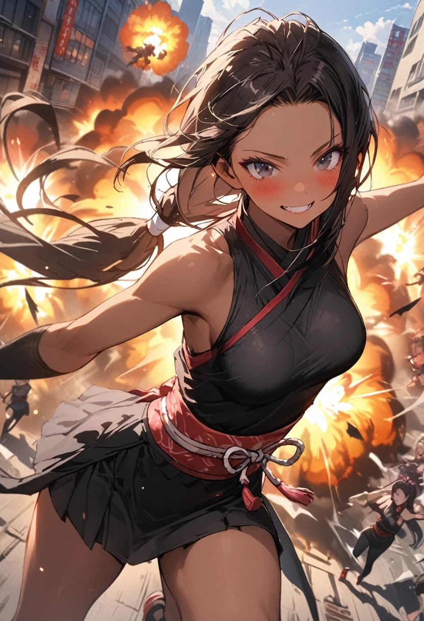 Action Scenes、(A female ninja fighting countless monsters),((masterpiece,Highest quality:1.3,best quality illustration)), 独奏,1woman,(Mature Japan beauties)、black hair,(low ponytail hair style),long hair,blunt bangs,black eyes,gorgeous eyes,((very small head:1.3)),blush,A strong smile,((very long body:1.2)),medium breasts,(tan skin), (gleaming skin,toned body,slender body, skinny),(Black female ninja costume、No sleeve、Black mini skirt),Sprint、explosion、Urban area,Collapsed Buildingoonlit Night、Modern Tokyo、