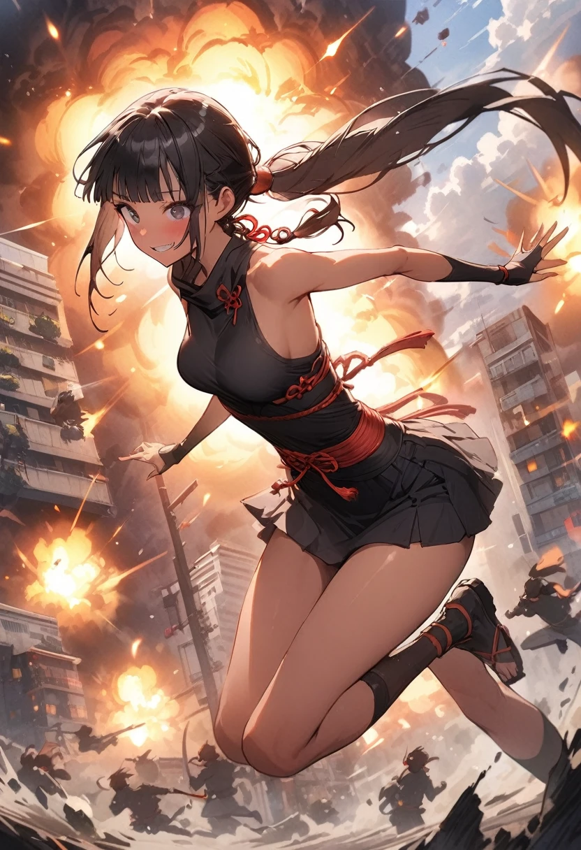 Action Scenes、(A female ninja fighting countless monsters),((masterpiece,Highest quality:1.3,best quality illustration)), 独奏,1woman,(Mature Japan beauties)、black hair,(low ponytail hair style),long hair,blunt bangs,black eyes,gorgeous eyes,((very small head:1.3)),blush,A strong smile,((very long body:1.2)),medium breasts,(tan skin), (gleaming skin,toned body,slender body, skinny),(Black female ninja costume、No sleeve、Black mini skirt),Sprint、explosion、Urban area,Collapsed Buildingoonlit Night、Modern Tokyo、