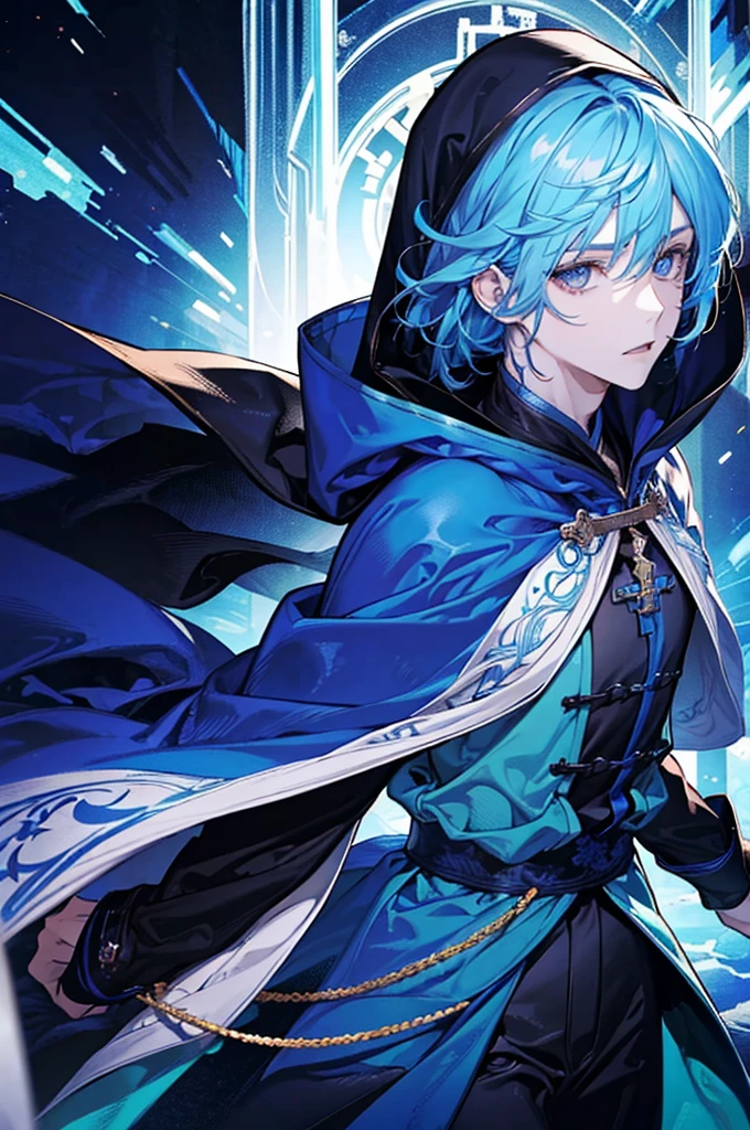 Sorcerer Divine Soul man, he has a light hair and blue eyes, he wear a hood.