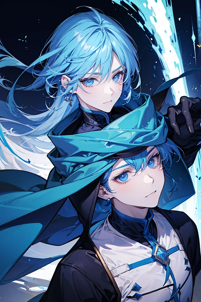 Sorcerer Divine Soul man, he has a light hair and blue eyes, he wear a hood.