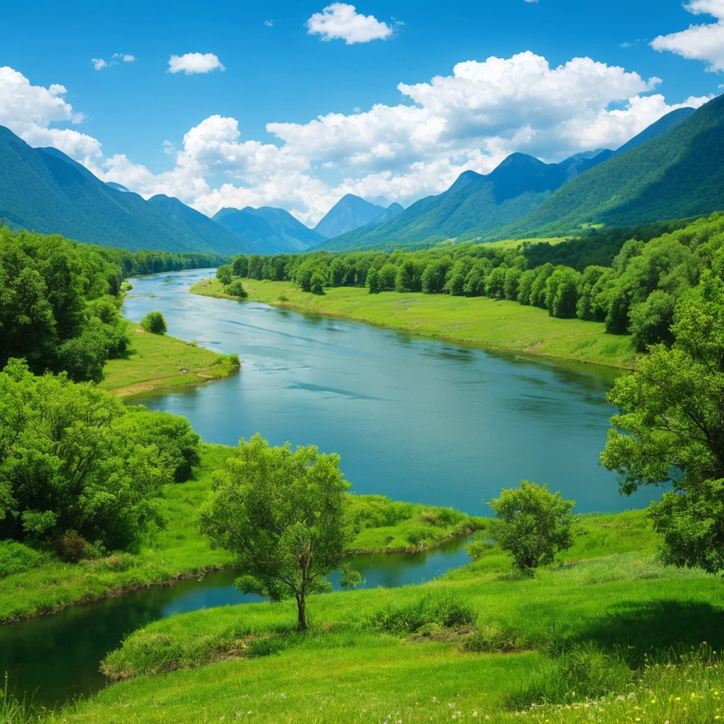 A fantastic sky, a quietly flowing river, and beautiful green mountains々