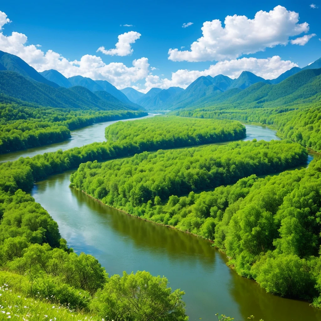 A fantastic sky, a quietly flowing river, and beautiful green mountains々