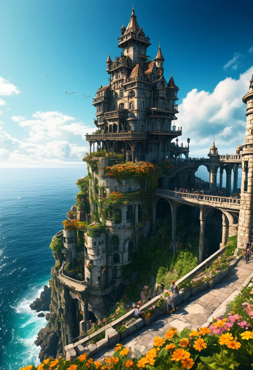 Open-air building on the cliff，Overlooking the sea，People walking on the sidewalk, Flower Tower, Abandoned Sky Castle, Amazing wallpapers, Huge and majestic steampunk tower, Fantastic Architecture, Fantasy Architecture, High quality desktop wallpaper, Built around the ocean, 4k hd wallpapers very detailed, 4k solarpunk wallpaper, Incredibly high detail
