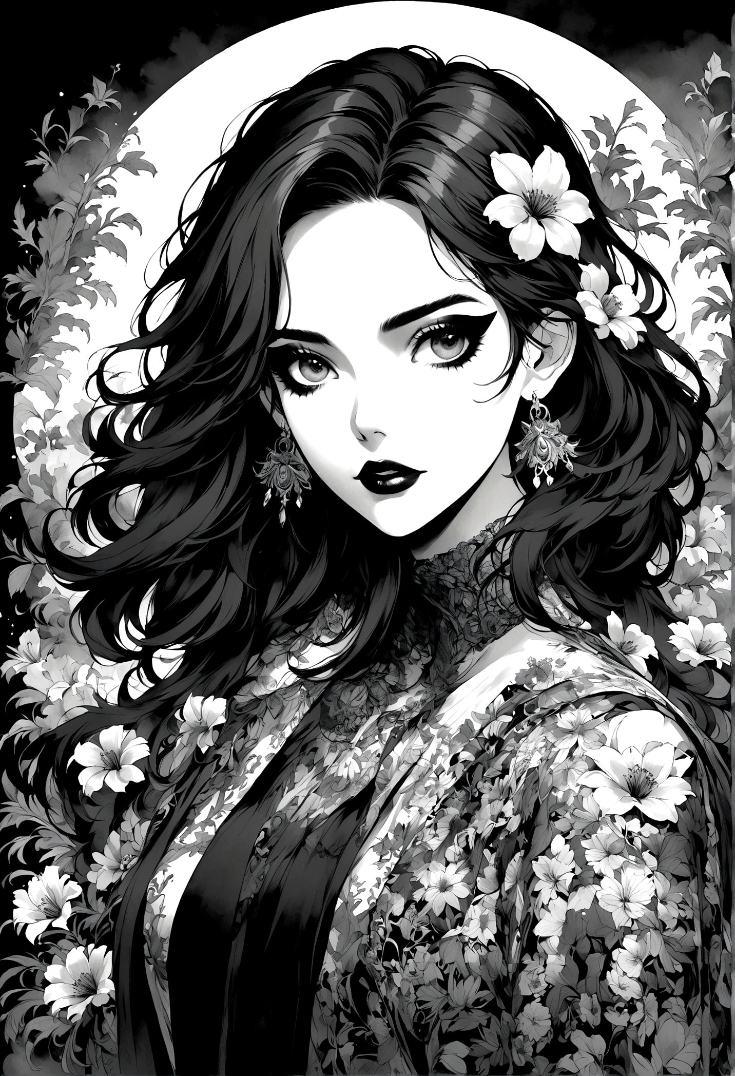 Create digital artwork in pop art style, Featuring a dynamic and confident woman,She wears bold makeup,Wear colorful clothing, coloring scheme, Surrounded by vintage flower motifs, Vibrant brushstrokes,Emotions should be active, Upper Body, , illustration, Grayscale