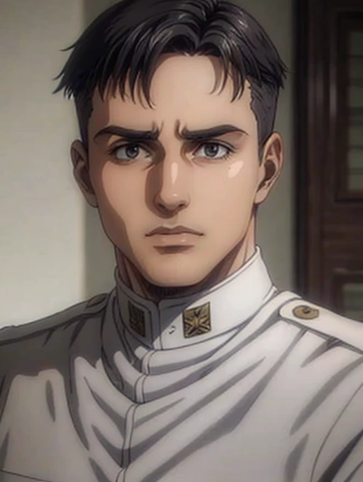 35 years old man, military hair, gray eyes, White military uniform, quartel general