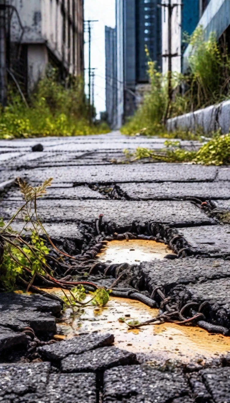 city after apocalypse hurt , Photography, asphalt detail, vegetation claiming the city, sidewalk cord. different views