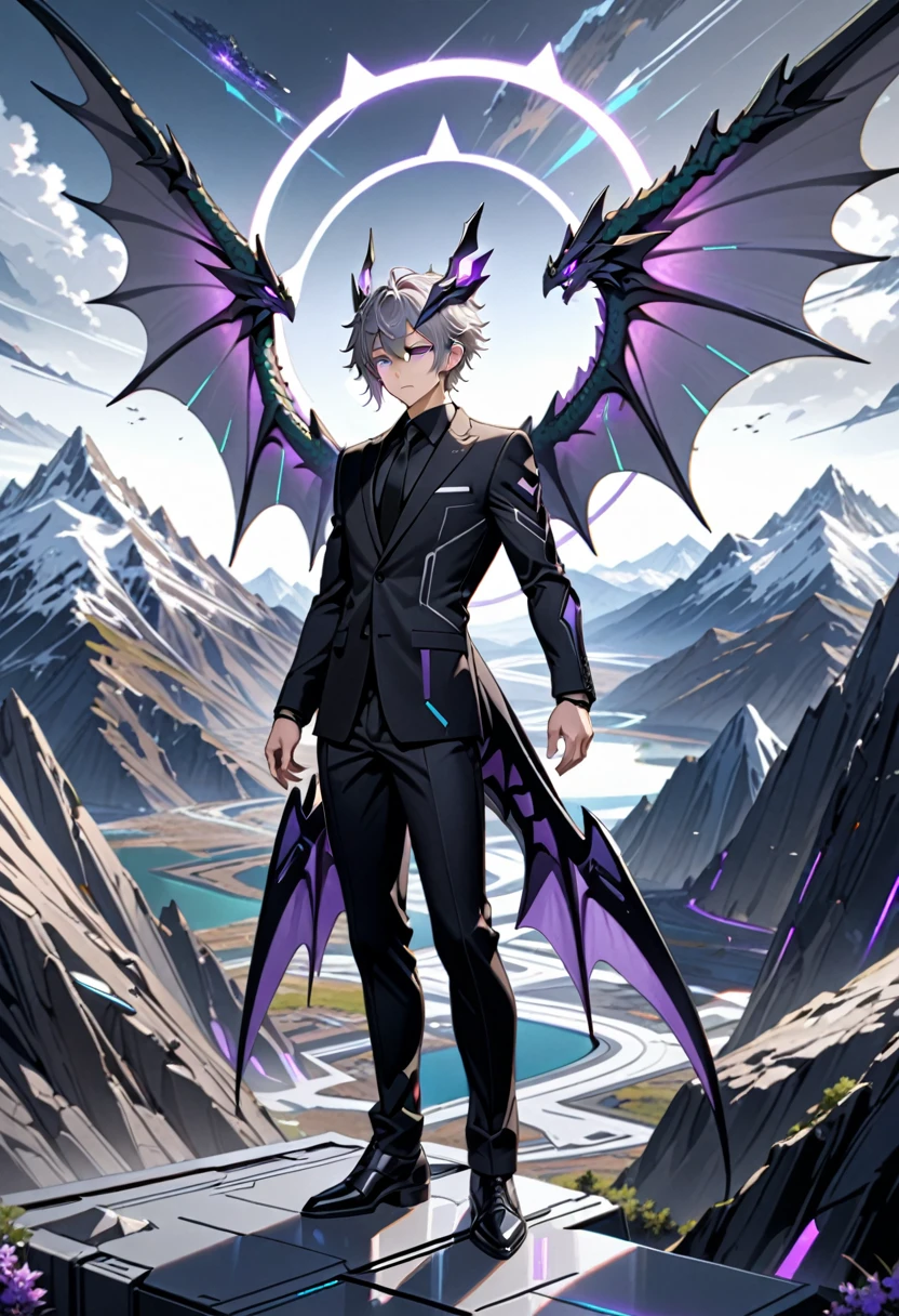 masterpiece, highest quality, highest resolution, clear_image, detailed details, gray hair, 1 boy, purple eyes, dragon wings, futuristic halo, black suit, full body, no water marks, handsome. mountain, no extra limps, no extra body