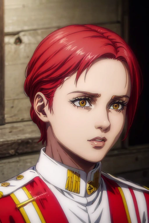 35 year old woman, channel red hair, gold eyes, neutral expression, White military uniform, liberia, Marley