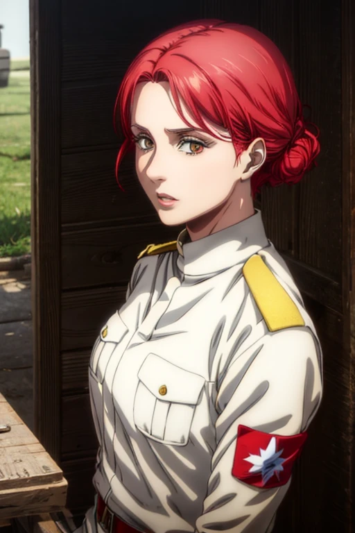 35 year old woman, channel red hair, gold eyes, neutral expression, White military uniform, liberia, Marley