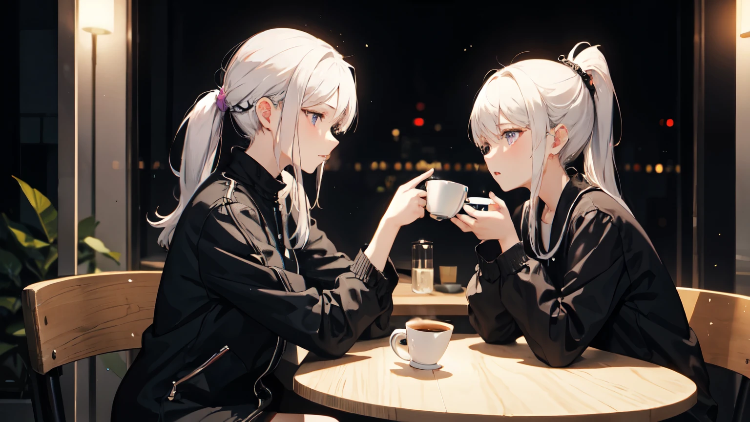 night、Sitting in a corner of the cafe、A beautiful girl with white hair tied in a ponytail and purple eyes.、Quietly turning the pages of a book。There is a coffee cup on the table。Outside the window, people are walking around busily々You can see the figure of。