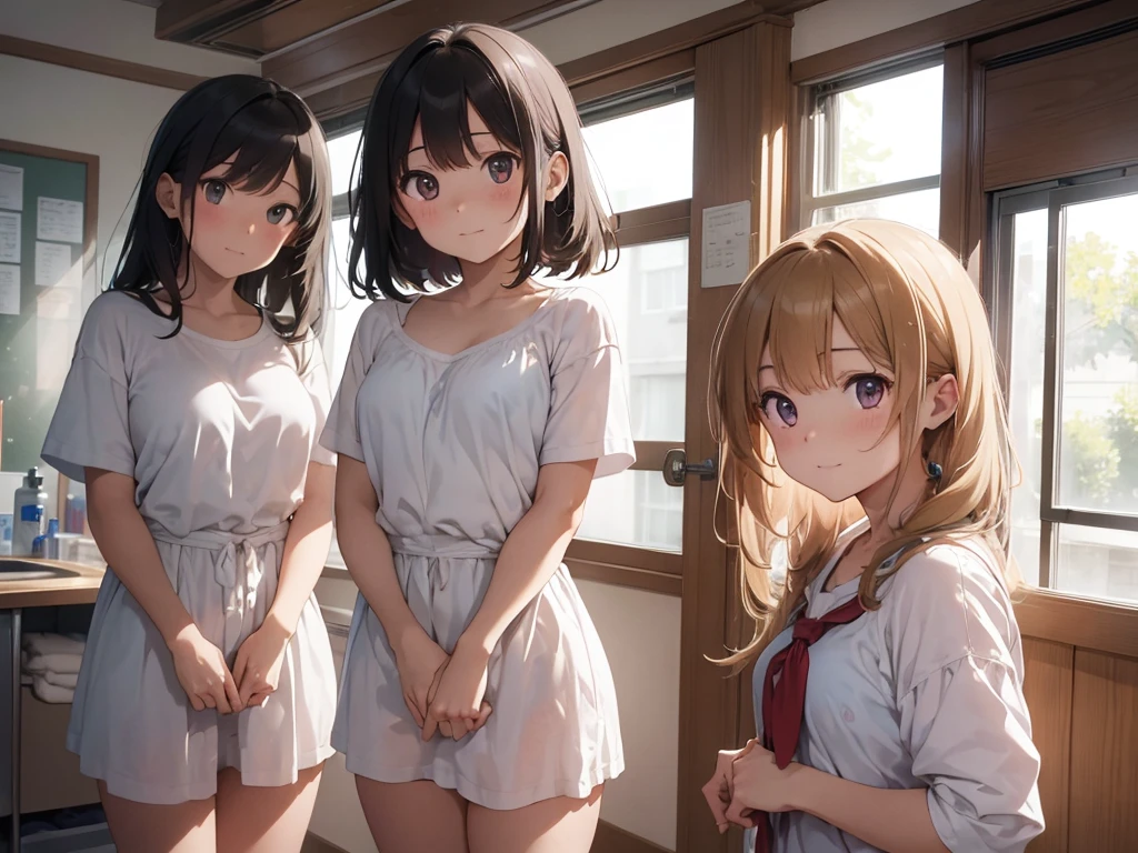 NSFW, (master piece, highest quality), three girls, Bra exposed, nipples exposed, , school locker room, セクシーな白いパンティーを下ろしてfluffy pubic hairが露出, (take off your panties), fluffy pubic hair, (Change of clothes:1.8), wide angle, best lighting, best shadows, (Don't look here), Chatting happily, Voyeur-style shots, low twintails, high ponytail, curl bob hair, a shy look