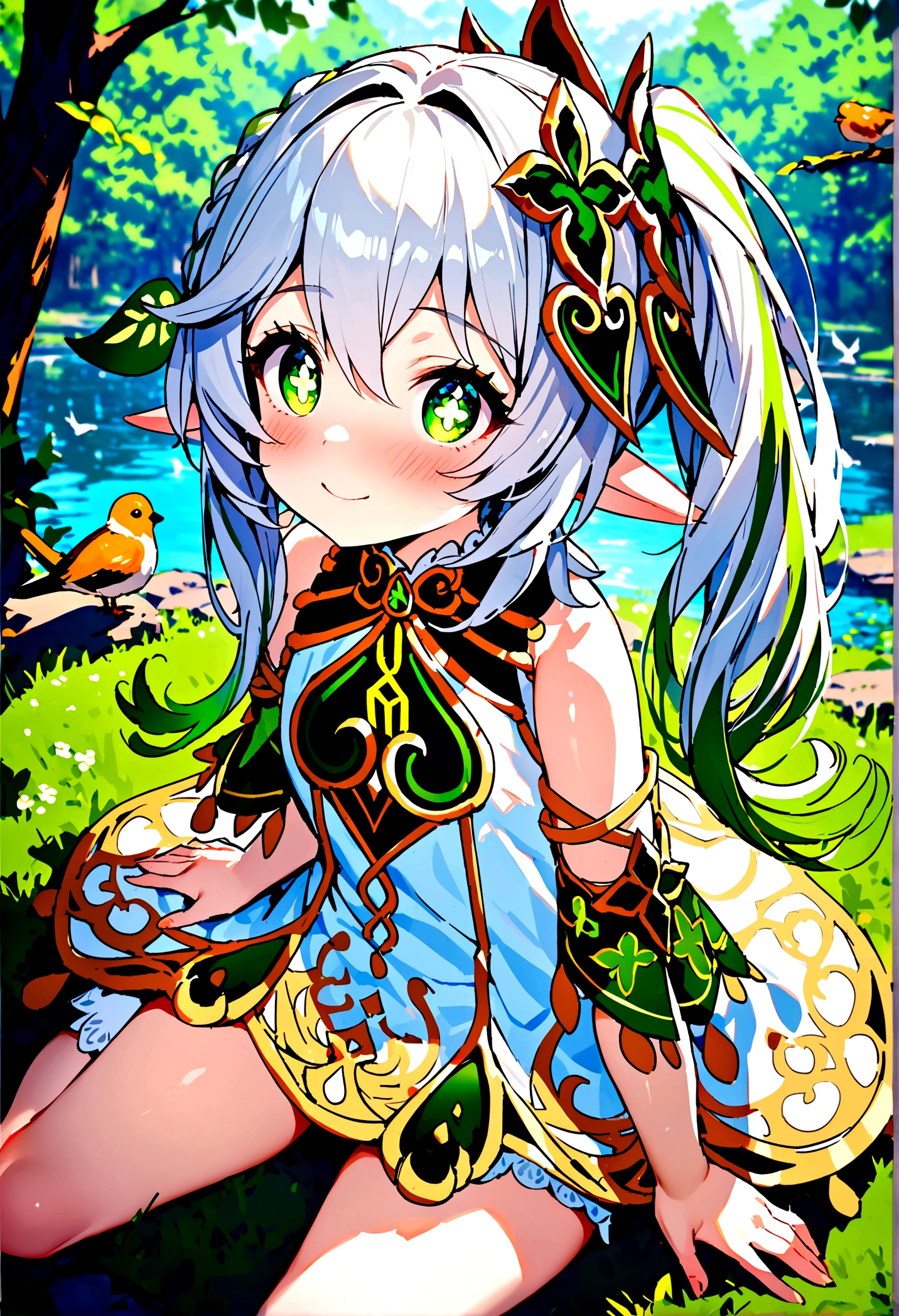 NSFW,masterpiece,Highest quality,High resolution,Super detailed,Nahida \(genshin impact\)、Green Eyes、dress、白いdress、Pointed Ears、Cruciform pupil、Symbol-shaped pupil、+ +、Side Ponytail、Long Hair、White Hair、Multicolored Hair、hair ornaments,blush,Expecting face,smile,in the forest,lake,Sitting,From above,birdie,deer