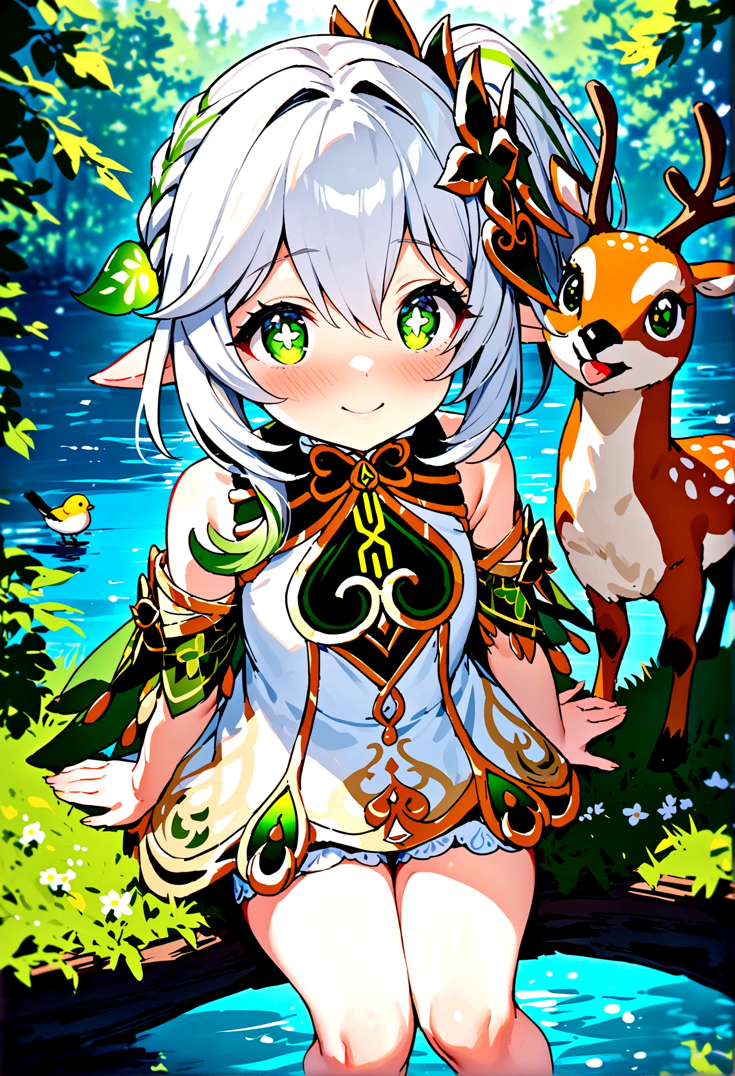 NSFW,masterpiece,Highest quality,High resolution,Super detailed,Nahida \(genshin impact\)、Green Eyes、dress、白いdress、Pointed Ears、Cruciform pupil、Symbol-shaped pupil、+ +、Side Ponytail、Long Hair、White Hair、Multicolored Hair、hair ornaments,blush,Expecting face,smile,in the forest,lake,Sitting,From above,birdie,deer