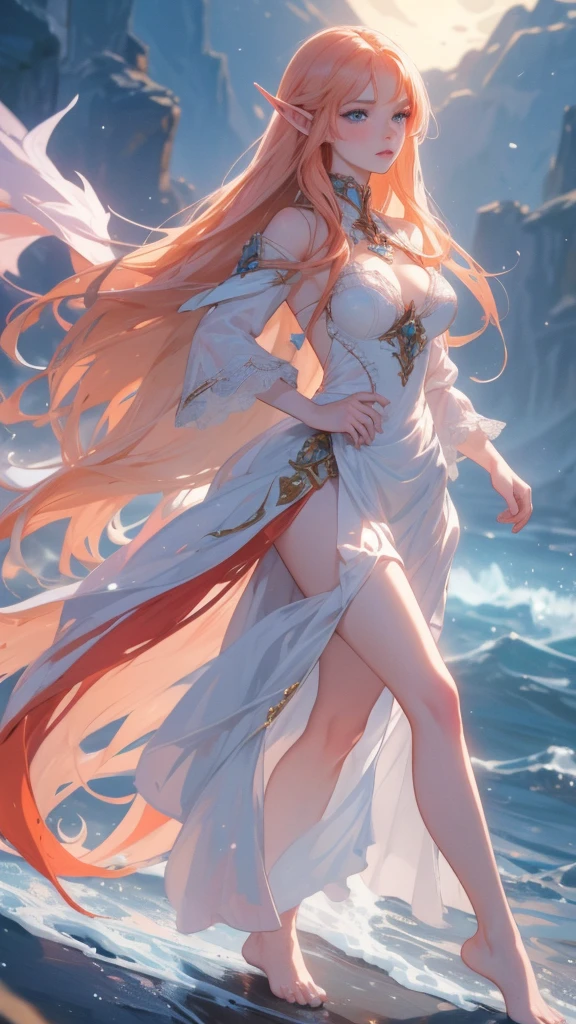 work of art, mythical effects, best resolution, ultra epic details, No defects, best result. better rendering, waifu fiery hair, ( BEAUTIFUL ELF ), ( blue eyes ) pale skin, blushed face, bare feet, wearing medieval clothing, Nature in the background, gazing at viewer, determination position, ( serious expression), sculptural body, (( ultra detailed feet and hands )), ( Ultra well detailed and rendered face )
