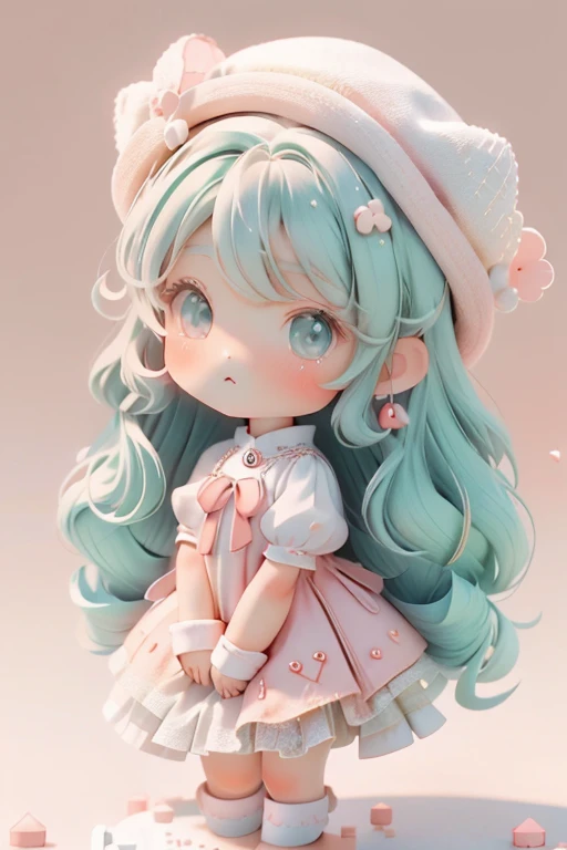 Girl Chibi, , Medium pastel red white, Luxury Fabric, Dithering, Widespread,Viewer Lucky Mint White,In a cellar color dress、、There are no protrusions on the head、There are no protrusions on the head、hat,high quality、high resolution、Ultra delicate、Cute big eyes beautiful cute