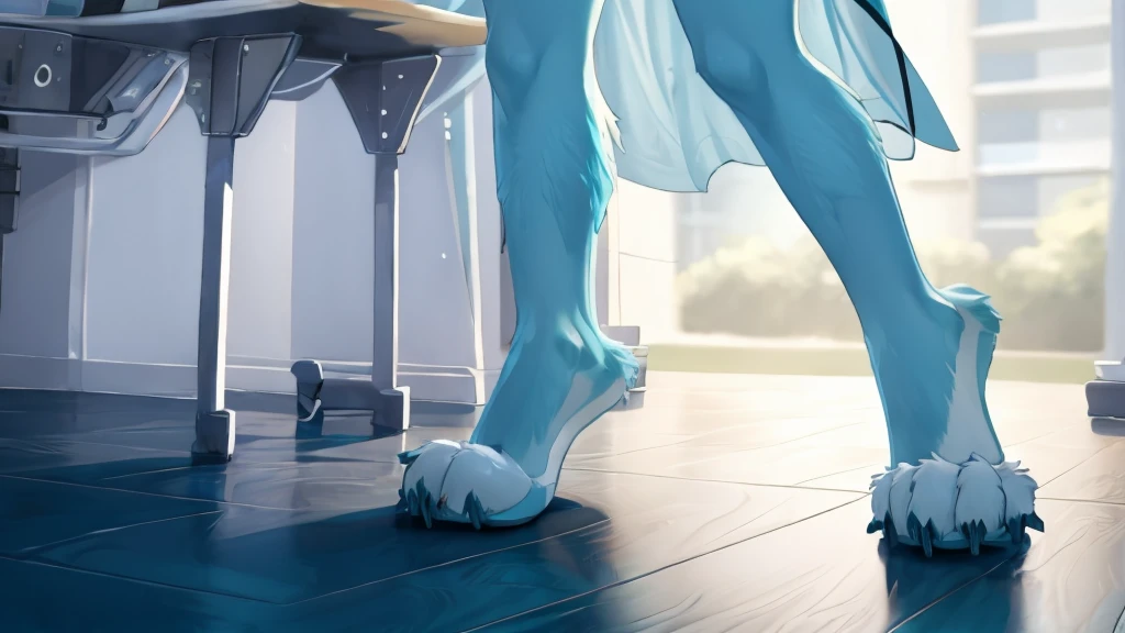 Miku Hatsune, add high definition_detail:1, blue fur, barefoot only seen in her paws, legs open, white discharge drips on the floor, just focus on your feet
