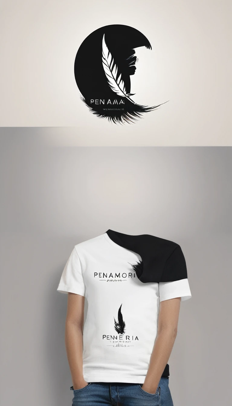 Create a minimal, modern, simple, inspirational, memorable, dream like logo design of a boy and a feather for the brand “Penamemoria".