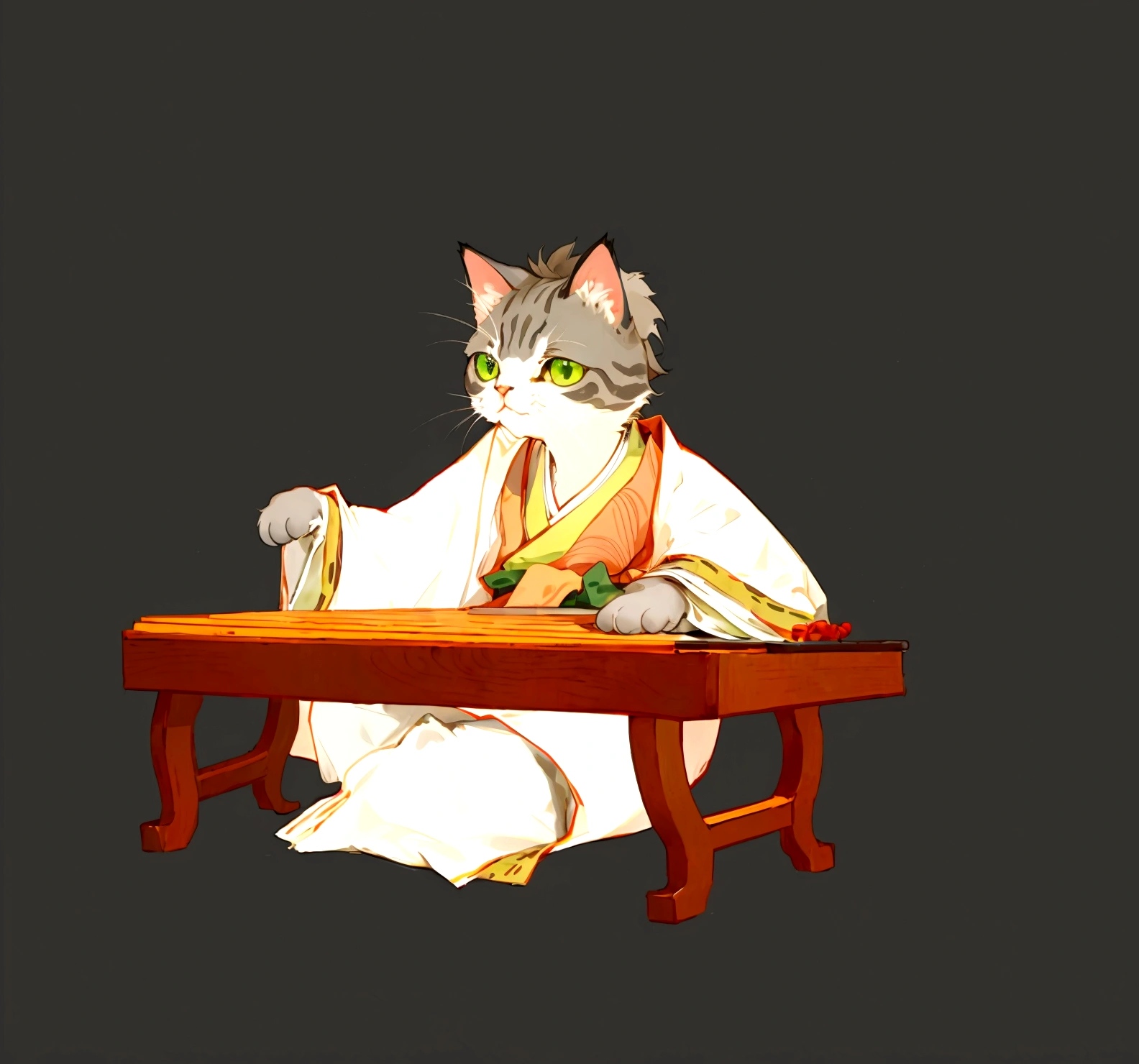 cat, grey background, table, sitting, green eyes, simple background, :3, solo, no humans, animal, robe, japanese clothes, animal focus, wide sleeves, whiskers, kimono, long sleeves