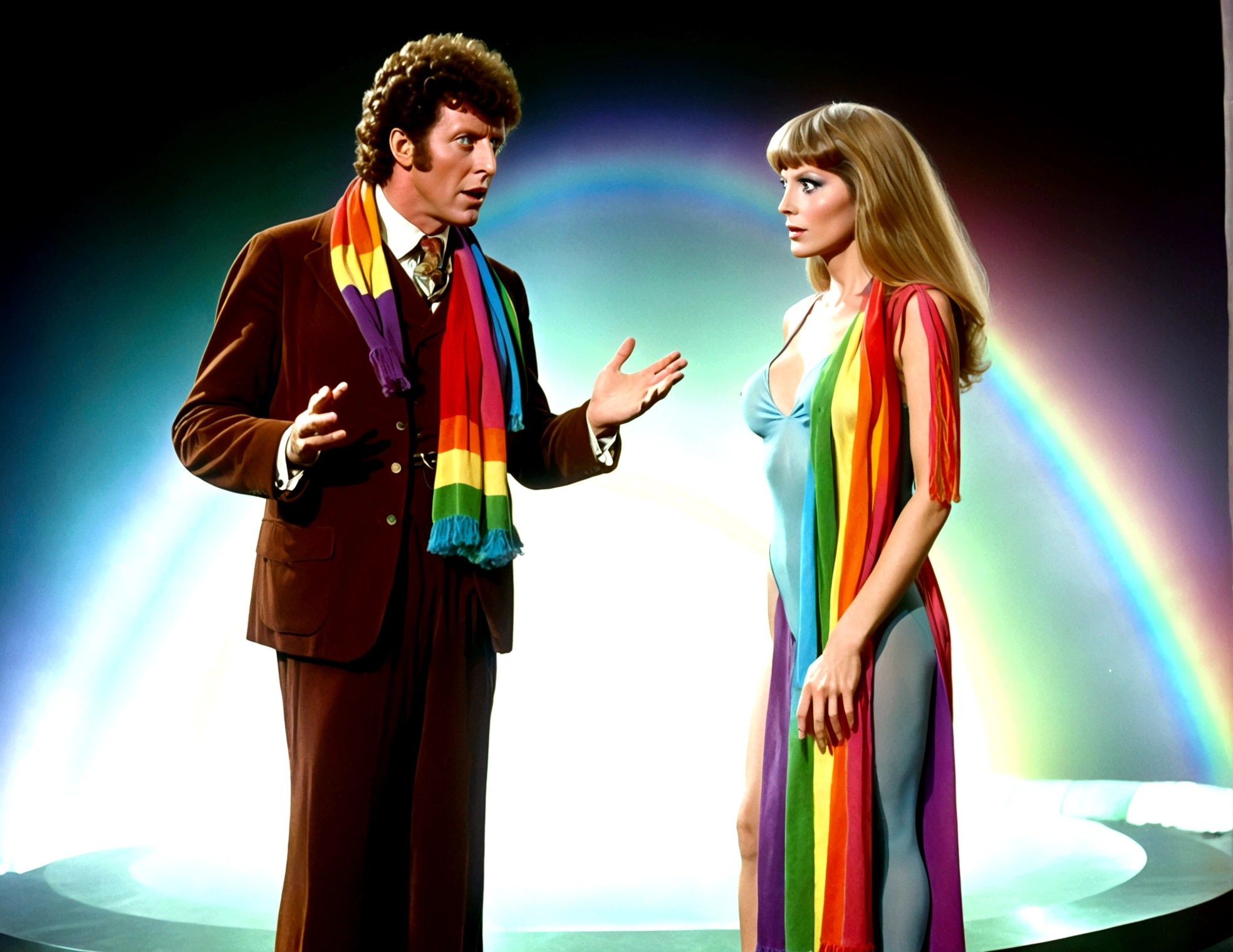 Tom Baker Doctor Who 1980(extremely long rainbow scarf), is arguing with a cyber man, his companion (a swift woman, alien sexy leotard) stands quietly behind him
