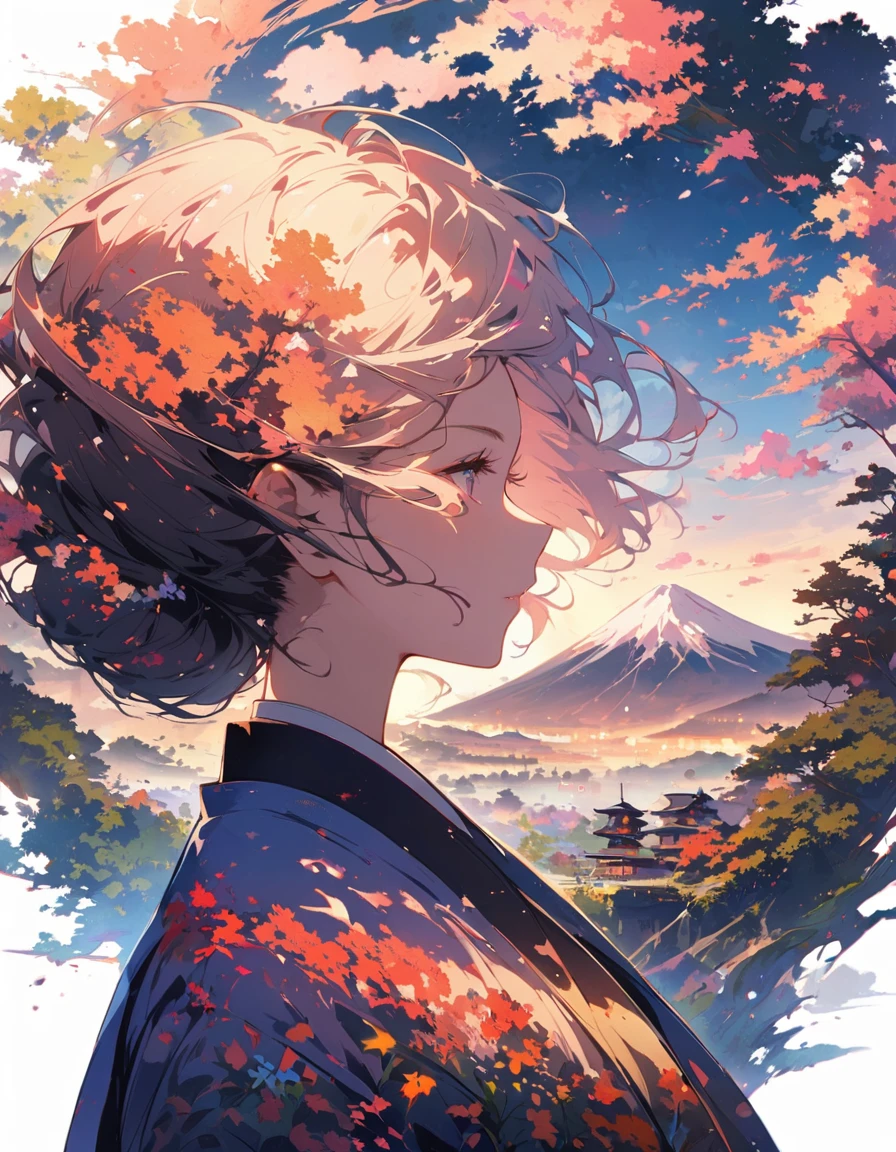 Silhouette of a girl, Lots of Japanese scenery , Modern Japanese Landscape, close, Double Exposure, White Background