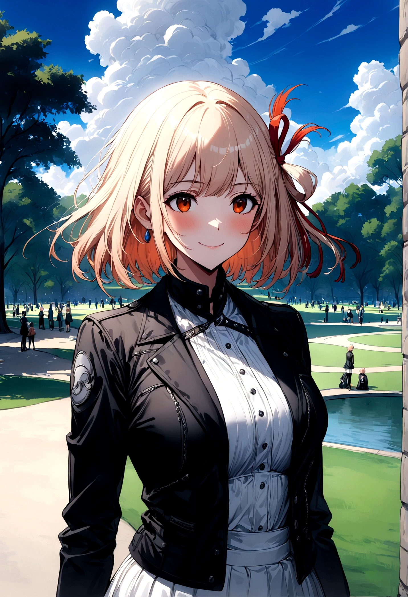 ((masterpiece,best quality)),1 Girl,Solitary, (((Chisato Nishiki))), short hair, Light hair, Solitary, skirt, Detail eyes, Looking at the audience, Long sleeve, permanent, white skirt, Gloves,Hair accessories, Black jacket, Smile, Flowing hair, Hook of Holland, Shut up, Look away, (Central Park),partly cloudy, Blue sky, warm color,