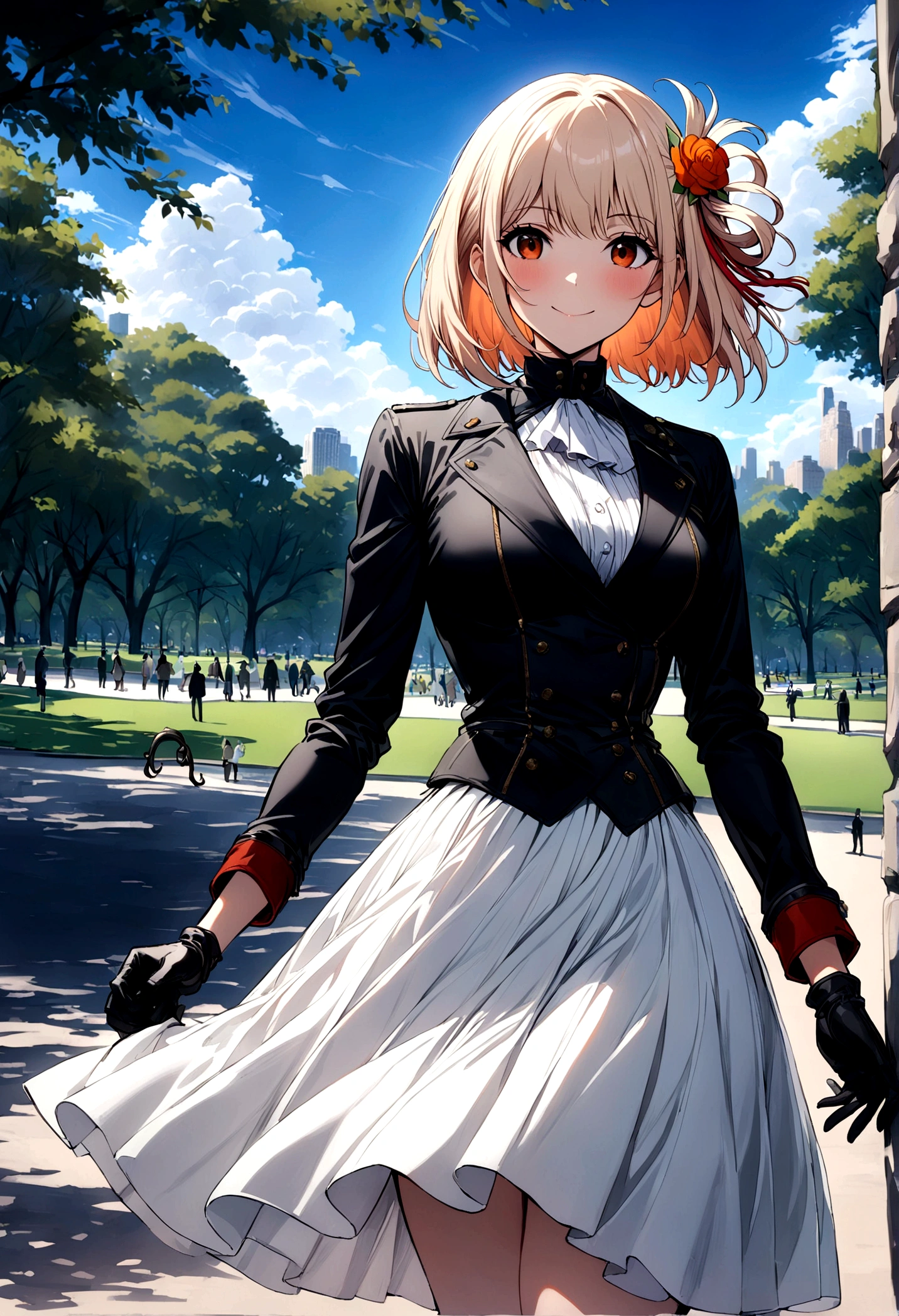 ((masterpiece,best quality)),1 Girl,Solitary, (((Chisato Nishiki))), short hair, Light hair, Solitary, skirt, Detail eyes, Looking at the audience, Long sleeve, permanent, white skirt, Gloves,Hair accessories, Black jacket, Smile, Flowing hair, Hook of Holland, Shut up, Look away, (Central Park),partly cloudy, Blue sky, warm color,