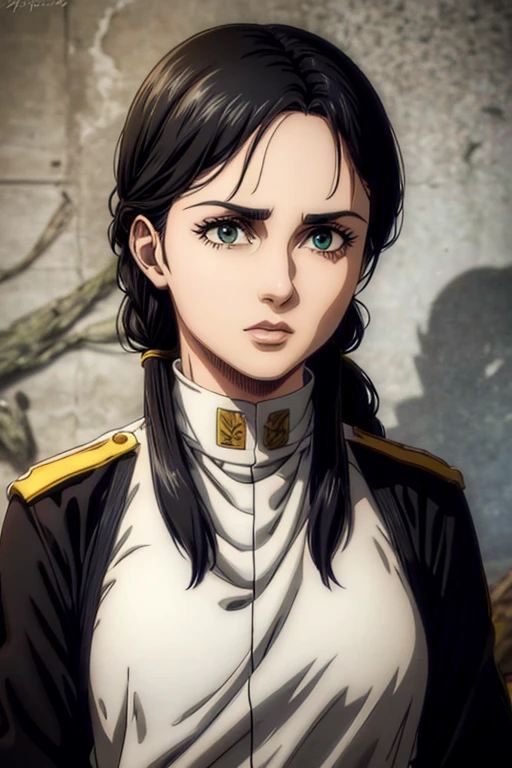 35 year old woman, long black hair, greeneyes, neutral expression, necklace on the neck, White military uniform, marley, liberio,