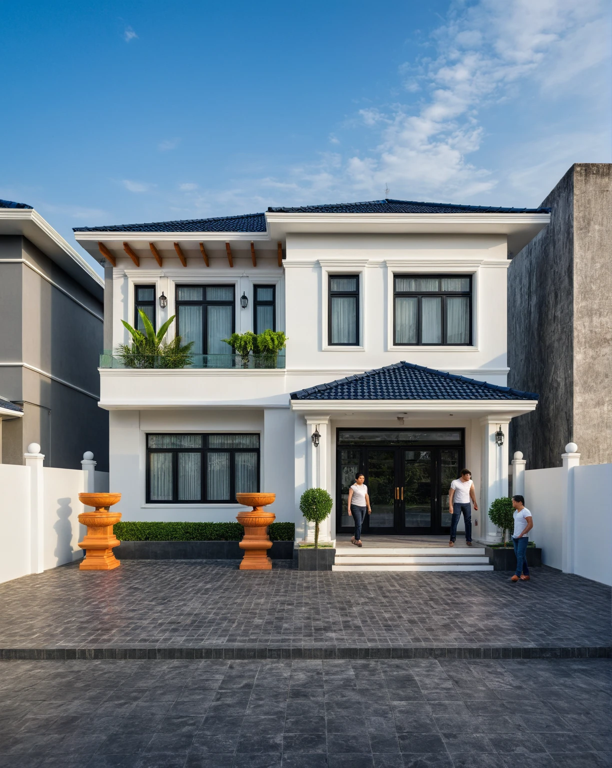 (masterpiece:1.2), best quality, photo of A two-story modern house in VietNam with white walls and dark tiles on the roof., tree and plant environment,daylight, streetcapes, natural light, vivid color, The exterior of an elegant single family home features large windows, a dark gray door frame.