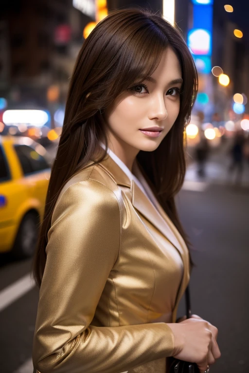 A woman hailing a taxi on the street:1.5,  business suit, Dynamic, cinematic photos,(Ultra Realistic, High resolution), (Highly detailed eyes, Highly detailed hair, highly Detailed face, Highly detailed plump lips，Perfect Anatomy),(Highest quality:1.4), (Realistic, photo-Realistic:1.37), Professional photography, Cinematic Light, (Detailed face: 1.2), smile, Waist line:1.5, Highly detailed skin,very thin fingers, RAW Photos