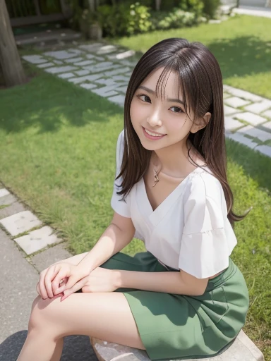Japanese female, a lot of details, (underweight), 30 years old, detailed black hair, beautiful detailed hair, super fucking beautiful, delicate beautiful face, complex details beautiful and delicate eyes, perfect hands, (flat chest best quality:1.5), perfect and delicate limbs, detailed skin, best quality, ultra-detailed,(cheerful grin:1.5),
cars, waving at the camera, looking at viewer, medium hair, (white blouse), (green skirt), japanese, outside, sitting, (sit with one leg up:1.4), (full body shot:1.2), front view, (low angle shot:1.2)