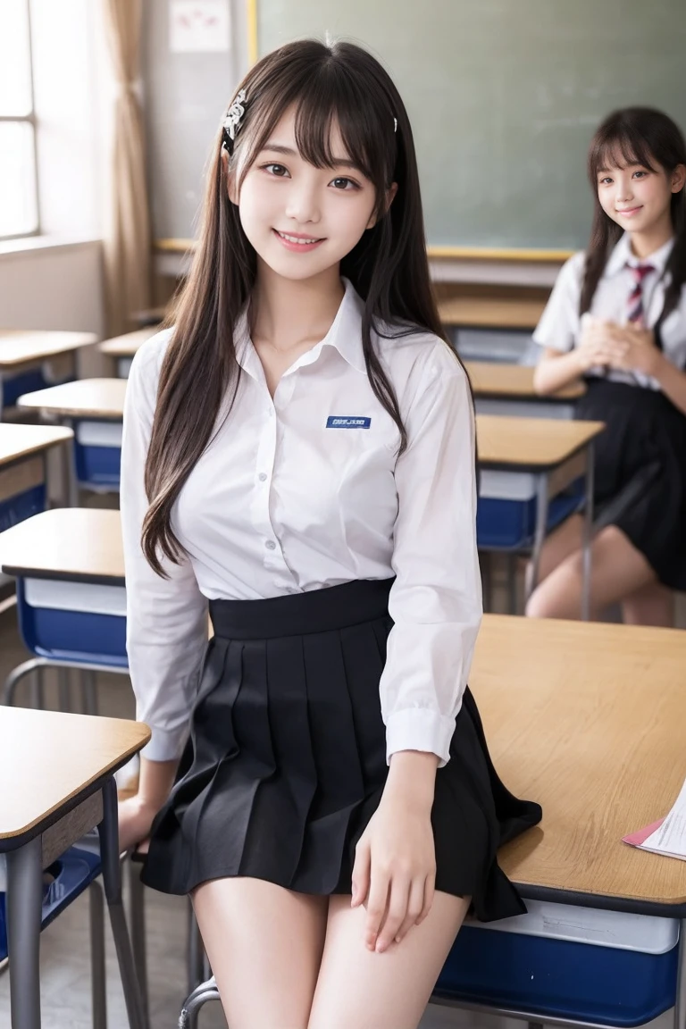Two junior high school girls、Student uniform、In the classroom、In the classroom、Black Skirt、White shirt、Black Hair、Asian、10th Generation、Two people lined up、Sexy white panties、Skirt flipped up、Cute smile、Large Breasts、bangs、Inner thigh pose、Please hold your crotch with your hands、School in Japan 、Nogizaka Idol、Korean Idol、Invite you inside、((Inviting eyes))