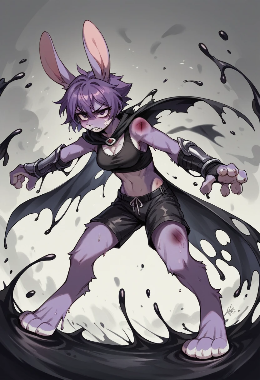 create a picture of a female half rabbit character  with purple giant rabbit digitigrade legs with white paws, put purple rabbit ears on top of her head, make her wearing a black athletic tank top and black shorts, put purple fur on her arms from her elbows down, give her short brown hair, make her legs look fluffy and furry, make it in an anime style, make her outfit slightly tattered and torn, make her look super tired, give her black gauntlets, make the background look like a pitch black wet environment, cover her fur in black goo, make the black goo dripping from her arms and legs, make her look bruised, put her in a defeated stance, give her a black tattered cape, give her moderate breasts, give her several large bandages