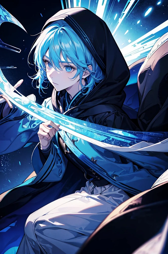 Sorcerer Divine Soul man, he has a light hair and blue eyes, he wear a hood.