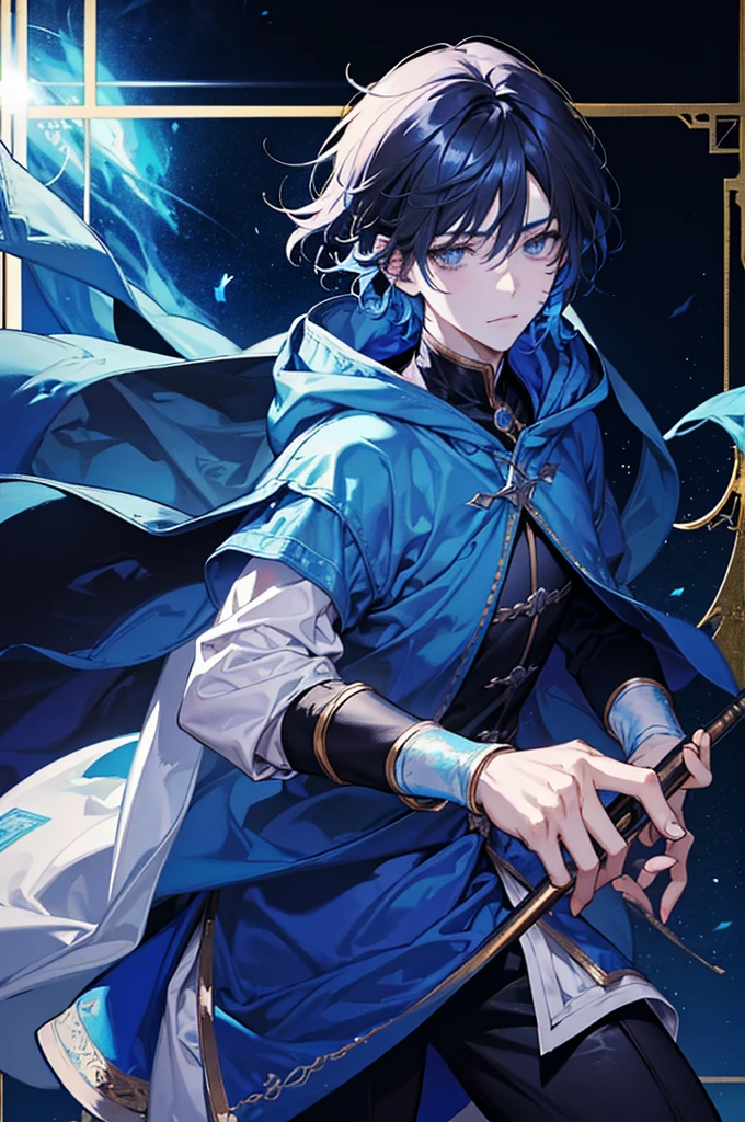 Sorcerer Divine Soul man, he has a light hair and blue eyes, he wear a hood.