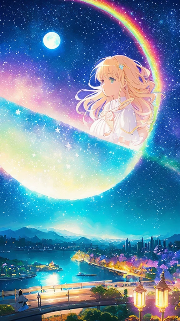 ((huge pale yellow moon))((A girl who looks up at her profile and is subjectively depicted))、((crying girl))、Profile girls、On a multicolored background、Painting of a river with stars and moon in a rainbow sky、Shining skyscrapers、shine all over、Concept art inspired by Mitsuoki Tosa、pixiv contest winner、highest quality、fantasy art、beautiful anime scene、bright moon、moonlit star environment、dream picture、anime backgroundアート、fantasy landscape art、fantasy knight、anime background、background artwork、great art、Atmospheric anime、starry sky、Detail has been enhanced。