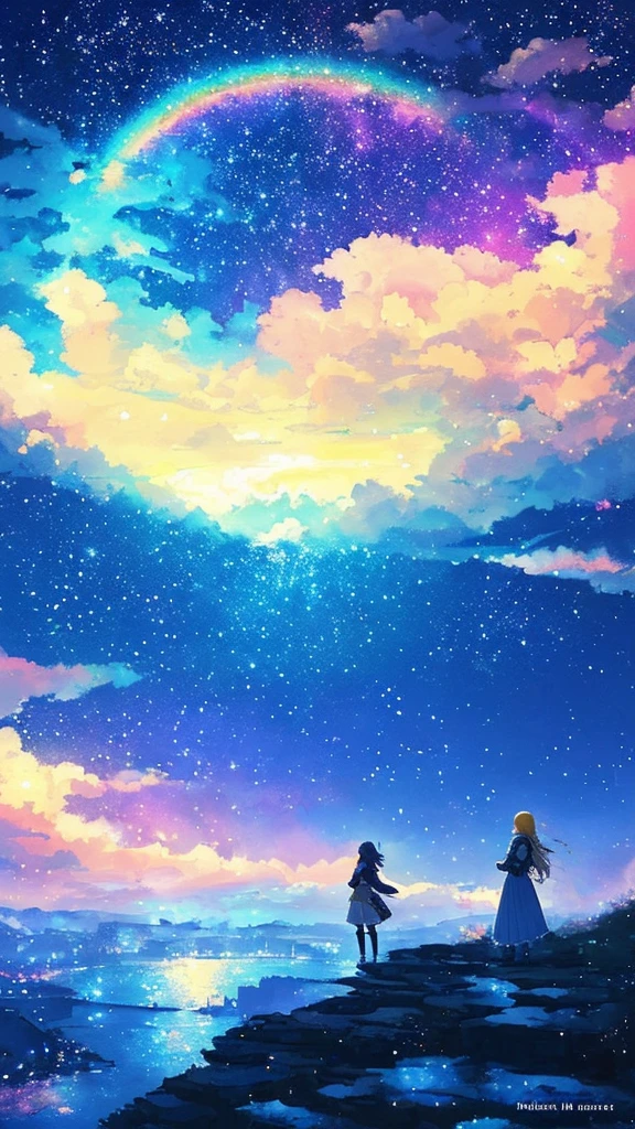 ((huge pale yellow moon))((A girl who looks up at her profile and is subjectively depicted))、((crying girl))、Profile girls、On a multicolored background、Painting of a river with stars and moon in a rainbow sky、Shining skyscrapers、shine all over、Concept art inspired by Mitsuoki Tosa、pixiv contest winner、highest quality、fantasy art、beautiful anime scene、bright moon、moonlit star environment、dream picture、anime backgroundアート、fantasy landscape art、fantasy knight、anime background、background artwork、great art、Atmospheric anime、starry sky、Detail has been enhanced。