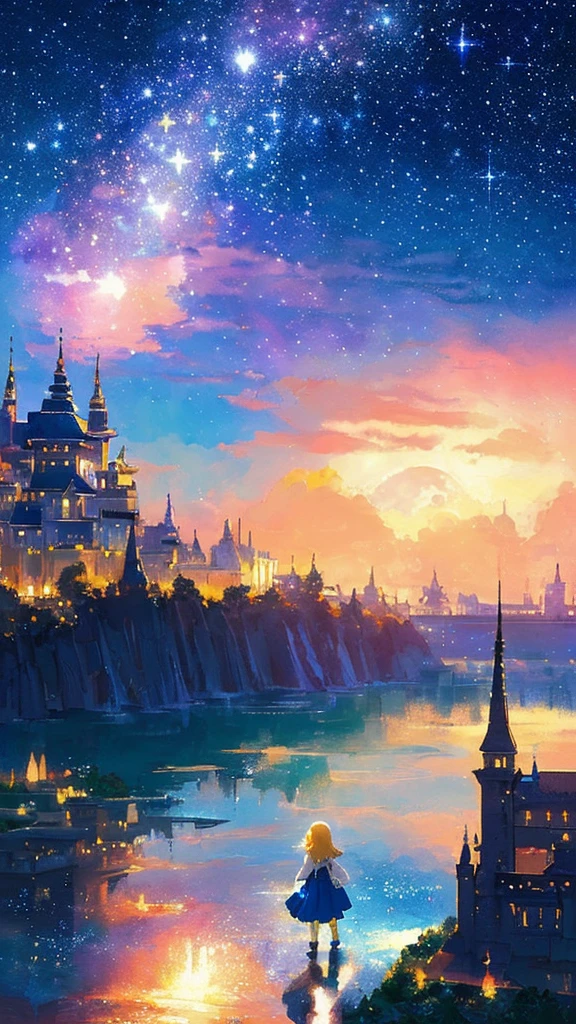 ((huge pale yellow moon))((A girl who looks up at her profile and is subjectively depicted))、((crying girl))、Profile girls、On a multicolored background、Painting of a river with stars and moon in a rainbow sky、Shining skyscrapers、shine all over、Concept art inspired by Mitsuoki Tosa、pixiv contest winner、highest quality、fantasy art、beautiful anime scene、bright moon、moonlit star environment、dream picture、anime backgroundアート、fantasy landscape art、fantasy knight、anime background、background artwork、great art、Atmospheric anime、starry sky、Detail has been enhanced。