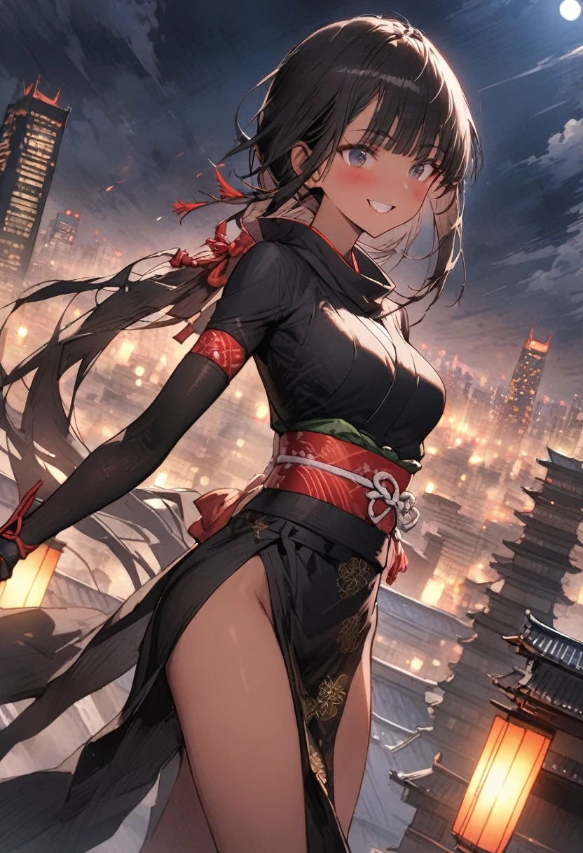 Action Scenes、(A woman fighting countless monsters),((masterpiece,Highest quality:1.3,best quality illustration)), 独奏,1woman,(Mature Japan beauties)、black hair,(low ponytail hair style),long hair,blunt bangs,black eyes,gorgeous eyes,((very small head:1.3)),blush,Triumphant,smile,((very long body:1.2)),medium breasts,(tan skin), (gleaming skin,toned body,slender body, skinny),(Female Ninja Costume、A simple, patternless black kimono、Black ide slits),standing,rooftop of high-rise building、Moonlit Night、Tokyo、