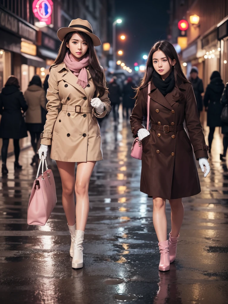 1girl with long brown hair wearing a fully buttoned up and belted buckle beige trench coat with a large pink winter wool scarf and white gloves carrying her large purse at the hard rainy night city street full body 8k