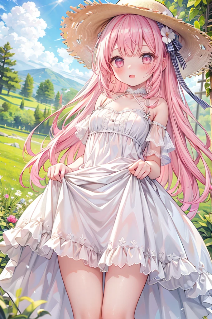 masterpiece, best quality, nsfw,
1girl, view from below,
(lift up the white dress:1.4), white dress, white panties, straw hat, pink hair, embarrassed face,
grassland,