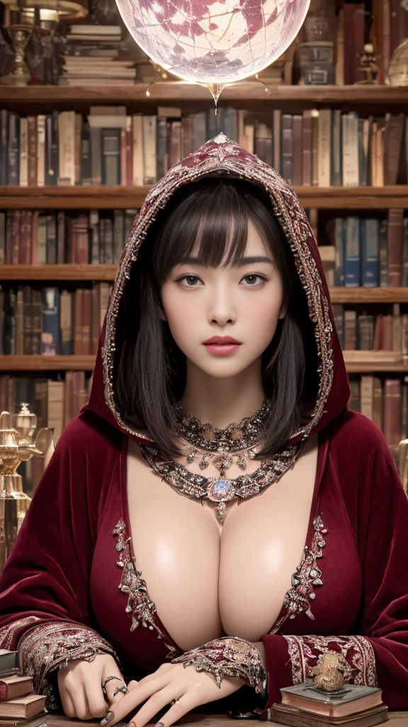 nsfw0.2、(Too much exposed skin)、(((Big Breasts)))、Very beautiful woman、Slender women、(Detailed face)、Realistic Skin、((Delicate photo))，(Girl Masterpiece RAW Photo Details:1.25), (Highest quality:1.6), (Ultra-high resolution:1.5), (Realistic:1.75), 8K resolution, Canon EOS R5, 50mm, Absurd, Ultra-detailed,Cinema Lighting、One girl, Fortuneteller、astrologer、(((Spectacular starry sky in the background)))、(((A burgundy robe with a hood and intricately decorated with beautiful details)))、((Horoscope))、(((Fortuneteller)))、Long black hair、((blunt bangs))、Cowboy Shot、(((Hold your hand over the crystal ball on the table)))、Fancy Necklace、Lace gloves、((((Lots of old books))))