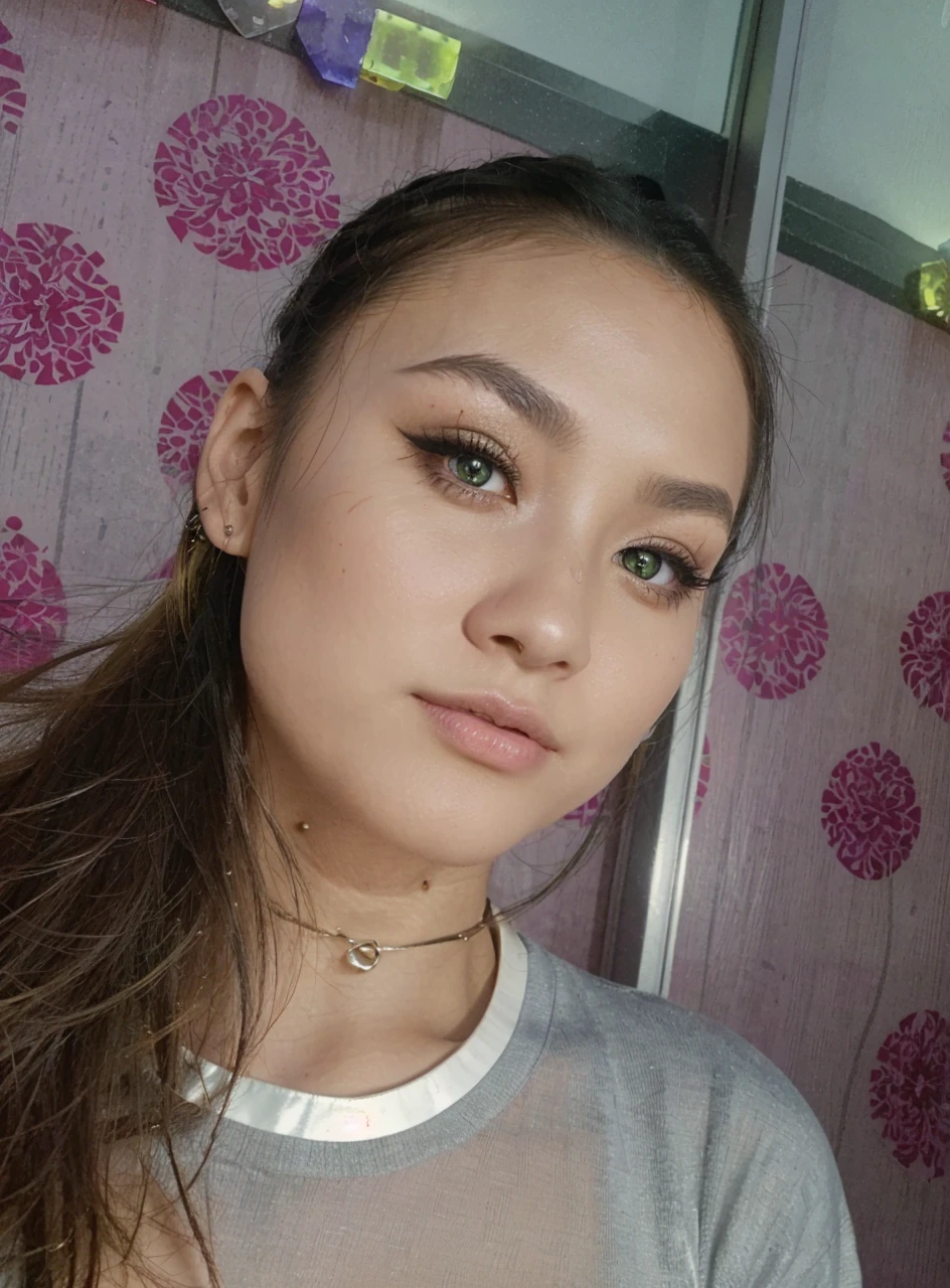 (masterpiece, best quality, 8k, sharp focus, depth of field, best shadows, perfect lights, HDR, realistic skin texture, ultra-detailed background, detailed), realistic, 2 asian girl (one of them has green eyes, white skin, black hair with ponytail, choker, slim, makeup, eyeliner, glitter), (the other woman has blonde hair), at a night club, cyberpunk theme, Cyberpunk City.
